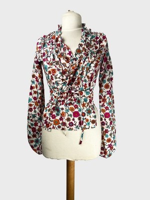 Vintage Mauro Grifoni Floral Blouse UK 10 Italian Ruffle Tie Waist Y2K Boho