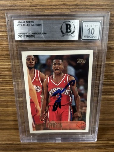 Allen Iverson Signed 1996-97 Topps #171 Rookie Card RC Beckett BAS 10 Auto