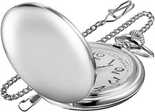 Men'S Quartz Pocket Watch, Silver, Arabic Numerals, White Dial, Stainless Steel,