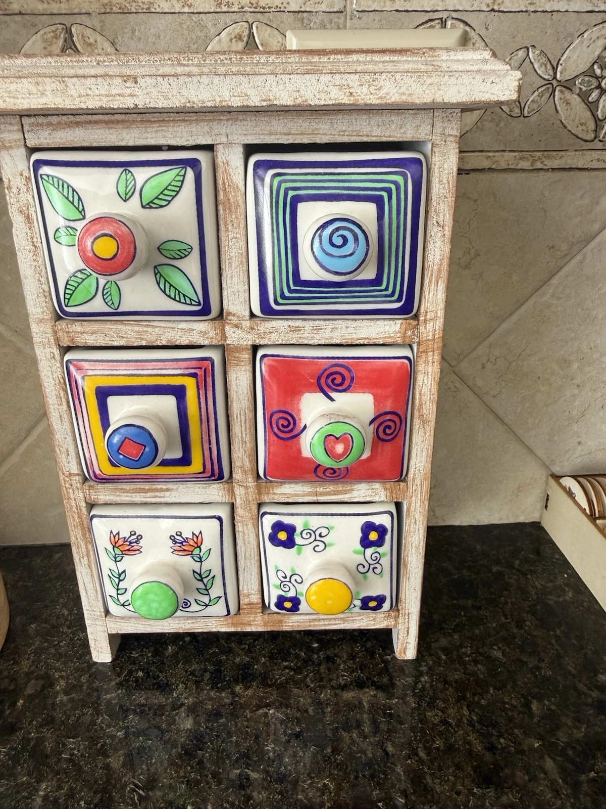 Vintage Freestanding Wood Spice Rack w/ 6 Decorative Ceramic Drawers, White