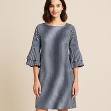 NWT Nine West Scoop Neck V Back Ruffle Bell Sleeve Dress 8 M Blue White Lined