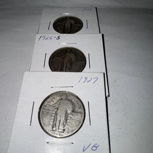 Lot of 3 Standing Liberty Quarters 1925 1926-S 1927 circulated silver 25C
