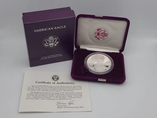 1986-S American Silver Eagle Proof 1 Troy oz .999 Fine Silver Coin in box w/COA