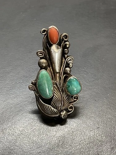 Vintage Large Navajo Nickel Silver Turquoise Coral Ring Size 7