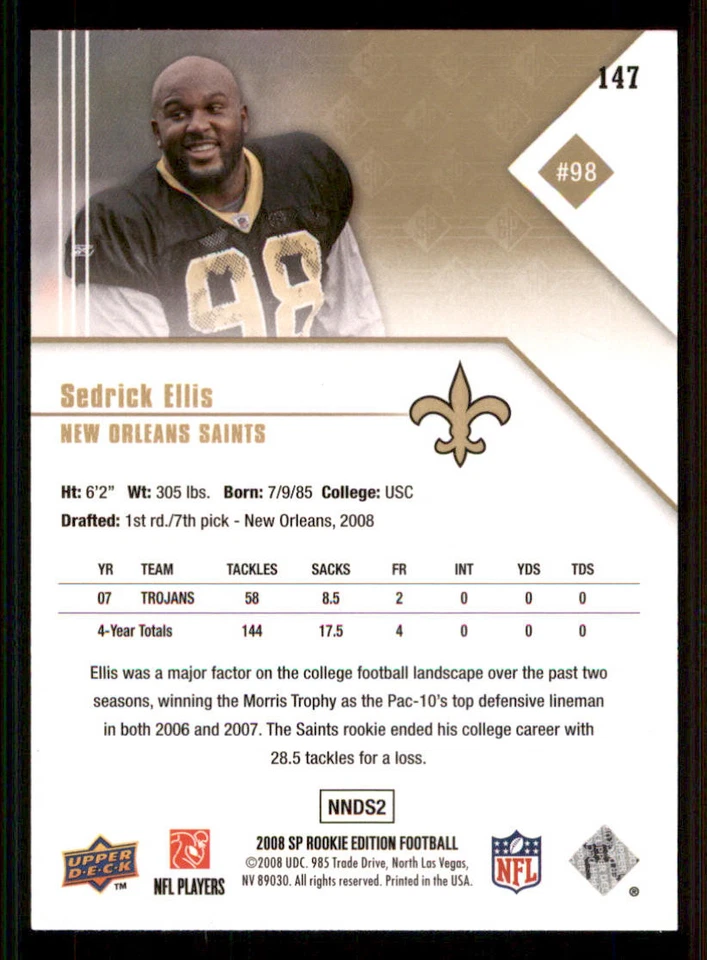 2008 SP Rookie Edition #147 Sedrick Ellis RC - Image 2 of 2
