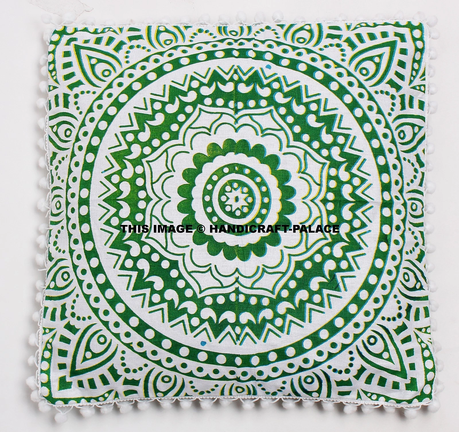 Green Bohemian Sofa Throw 16" Ombre Mandala Printed Large Cushion Cover Pom Lace