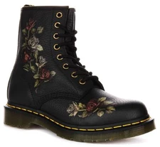 Dr Martens Combat Decayed Rose Leather Lace Up Womens Boot In Black US 3 - 8