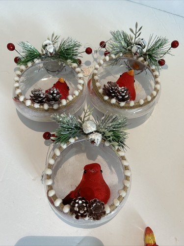 Red Bird Bells Diorama Christmas Ornament Set Of 3 - Picture 10 of 13