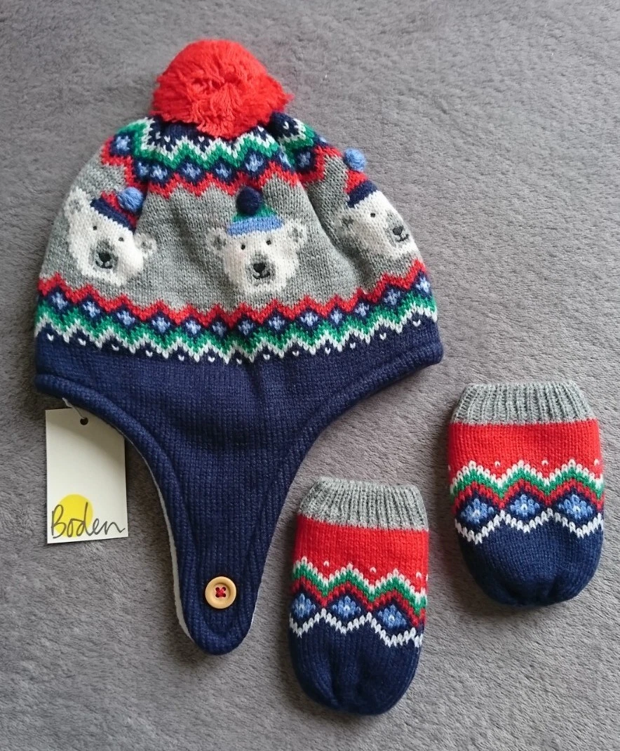 Baby Boden Fair Isle Navy/Multi Hat & Mitten Set Age 6 - 12 Months NEW