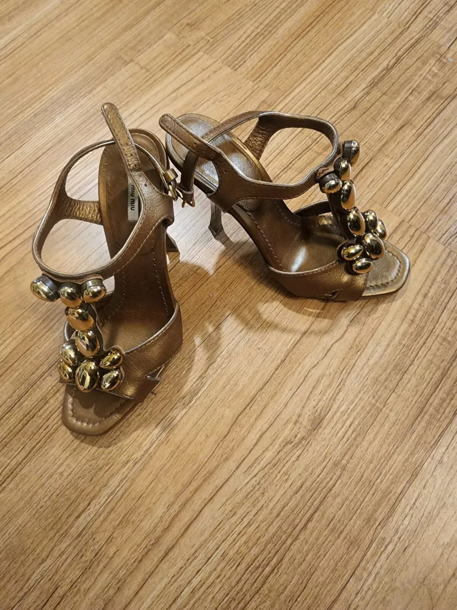 Miu Miu Beaded Heels Pumps Shoes Gold Metallic Ankle Strap Womens