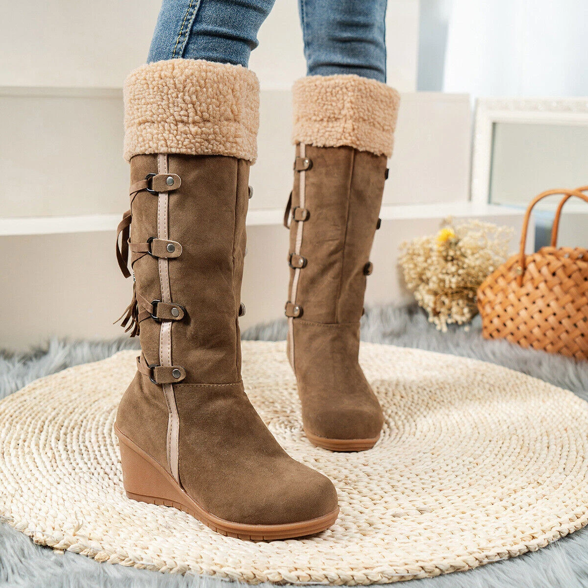 Winter Snow Boots Women Chunky Heels Lace Up Warm Fleece Lining Ankle Boots  Flat | eBay