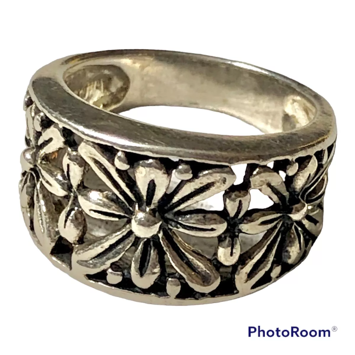 Vintage 925 CFJ Thai Sterling Silver Thick Band Ring w Filigree Floral Scroll