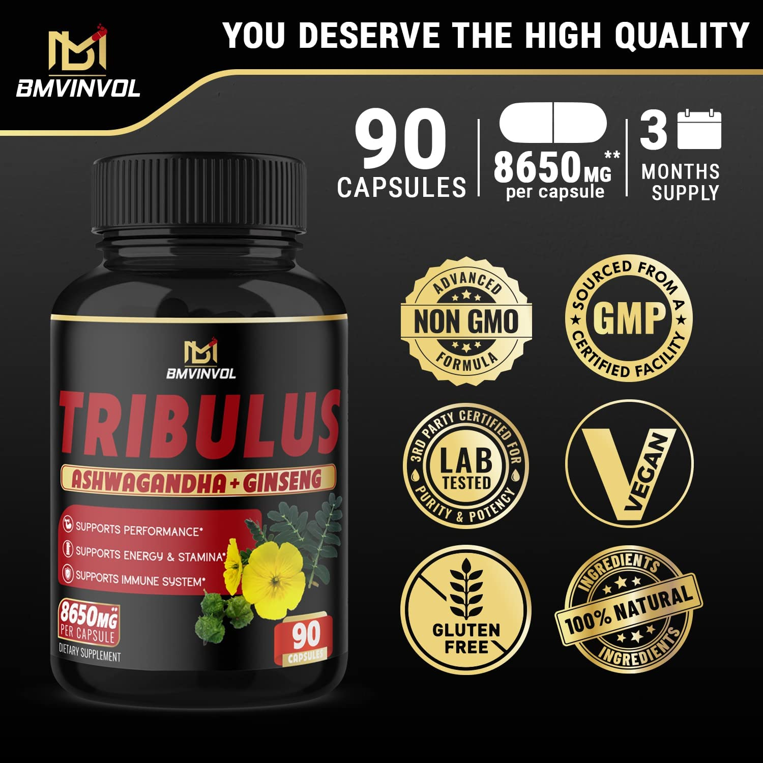 Tribulus Terrestris, 𝟖𝟔𝟓𝟎𝐦𝐠 per Capsule, High Potency with Ashwagndha