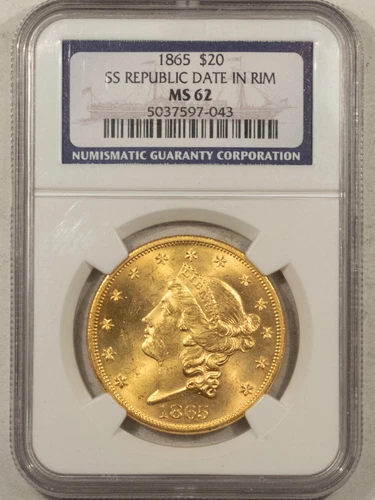 1865 TY 1 $20 LIBERTY DOUBLE EAGLE GOLD SS REPUBLIC LABEL, DATE IN RIM NGC MS-62