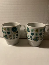 1970s Flower Power Coffee Cups, Stackable, Green, Yellow, Blue, Made In Japan