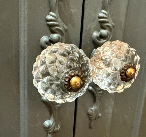2 ANTIQUE-Brass HOBNAIL Glass Pulls Cupboard Cabinet Drawer Furniture Knobs 1.6"