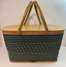 Vintage 50s- 70s Picnic Basket Woven Metal Handles Hinged Lid Wood Top