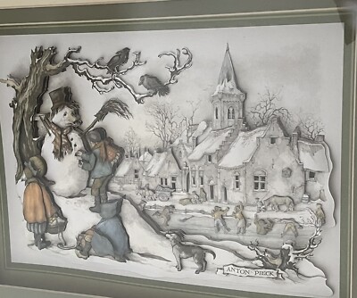 Vintage Anton Pieck Snowman Scene 3D Shadow Box Picture Framed