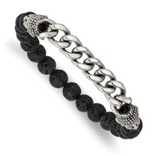 Stainless Steel Antiqued & Polished Buddha Lava Stone Beaded Stretch Bracel