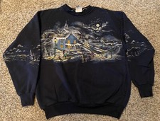 Art Unlimited Womens Vintage Long Sleeve Sweatshirt Snowy Winter Scene Navy XL