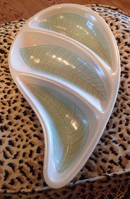 Mid Century Modern Crown Devon England serving dish three section oval leaf  EUC
