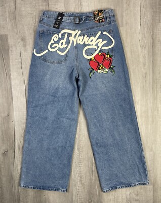 NWT Ed Hardy Heart Dagger Love Wide Leg Loose Fit Retro Light Jeans Size 32 J