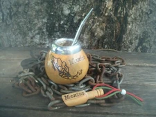  Mate Gourd Hand Made  Cup Bombilla Straw Engraving Map MEXICO  BONUS Spoon
