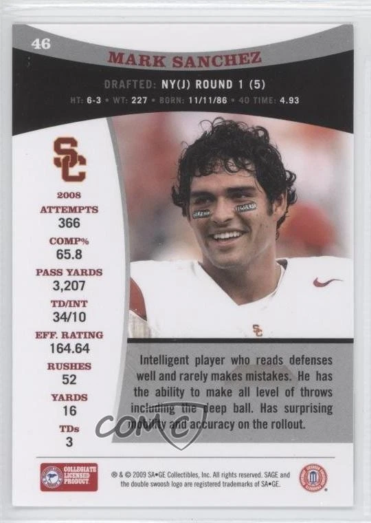 2009 SAGE Mark Sanchez #46 Rookie RC - Image 2 of 2