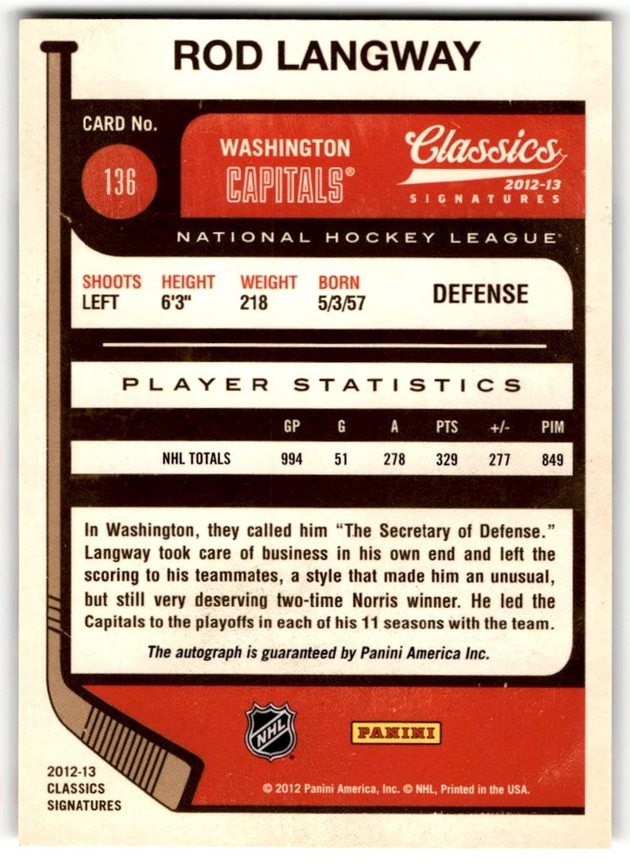 2012-13 Panini Classics Signatures Rod Langway Auto #136 Washington Capitals - Image 2 of 2