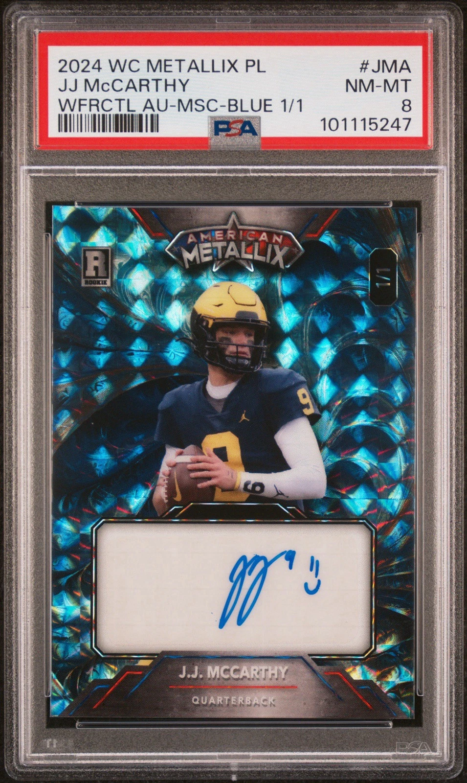 JJ McCarthy Wild Card American Metallix Hobby Pro-Look Wildfractal Autographs #JMA Mosaics Foil-Blue 1/1