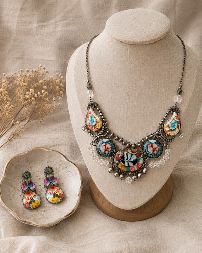Vintage Ayala Bar Kaleidoscope Necklace Earrings Set Floral Paisley 19” Boho