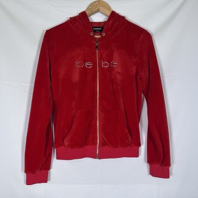 Bebe Women s Size S Crystal Logo Hooded Full Zip Jacket Casual Red