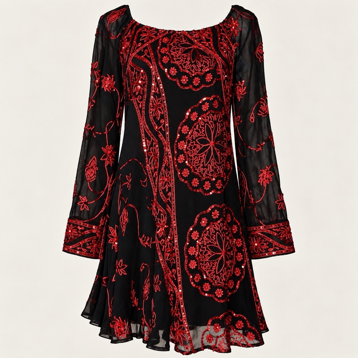 $350 Free People My Beloved Georgette Sequin Mini Dress Black Red 6 NWT image 4