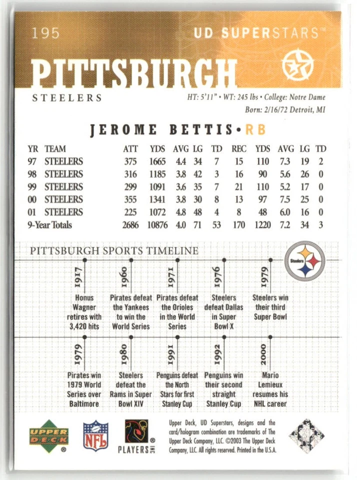 2002-03 UD SUPERSTARS #195 JEROME BETTIS PITTSBURGH STEELERS - Image 2 of 2