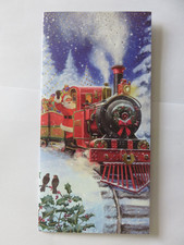 Christmas card.  Santer waving from a steam engine packed with presents