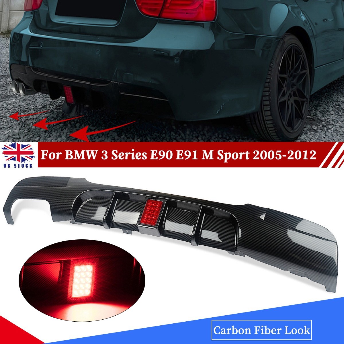 Carbon Fiber Look For BMW 3 Series E90 E91 M Sport 2005-2011 Rear Diffuser W/LED