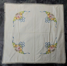 Vintage Embroidered Tablecloth Topper 1950s Flowers Cotton Crocheted 33x33 READ