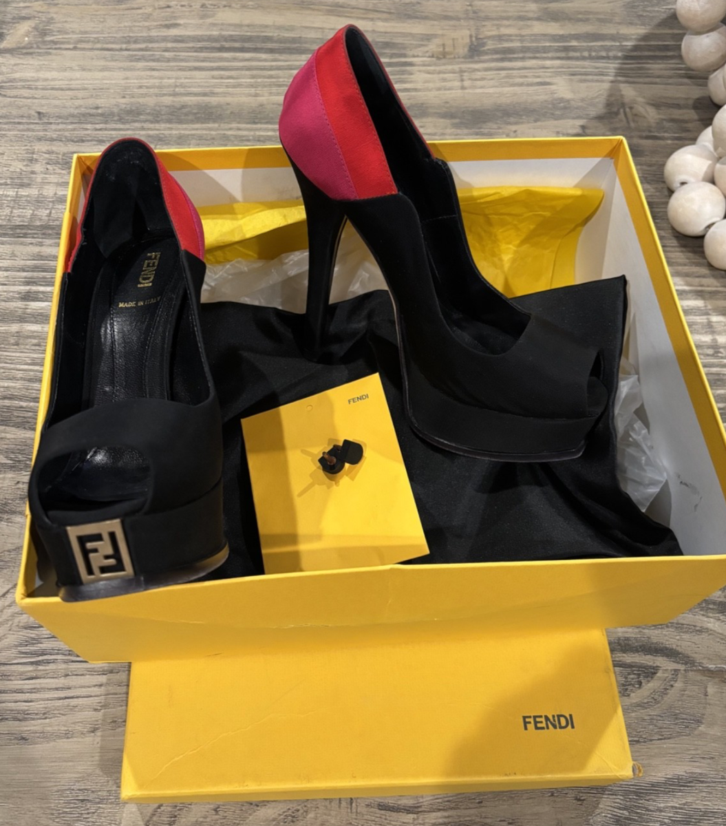 Fendi Fendista Black Satin Peep Toe FF Logo Plate Platform Pumps