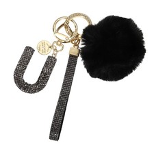 Initial Letter U Keychain with Pom and Rhinestone Wristlet, Grey