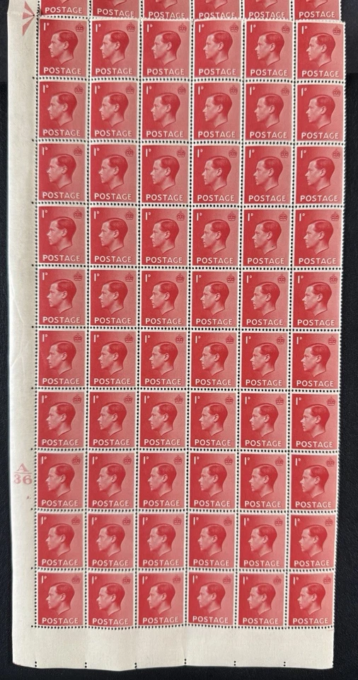 GB Stamps KEVIII SG458 1d scarlet, block of 120, UM, with selvage, Cat £72 — 第 2/2 张图片