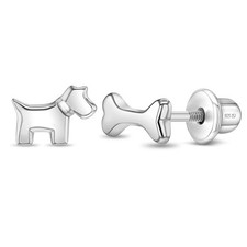 Dainty Dog and Bone Children's / Girls Earrings Screw Back - Sterling Silver