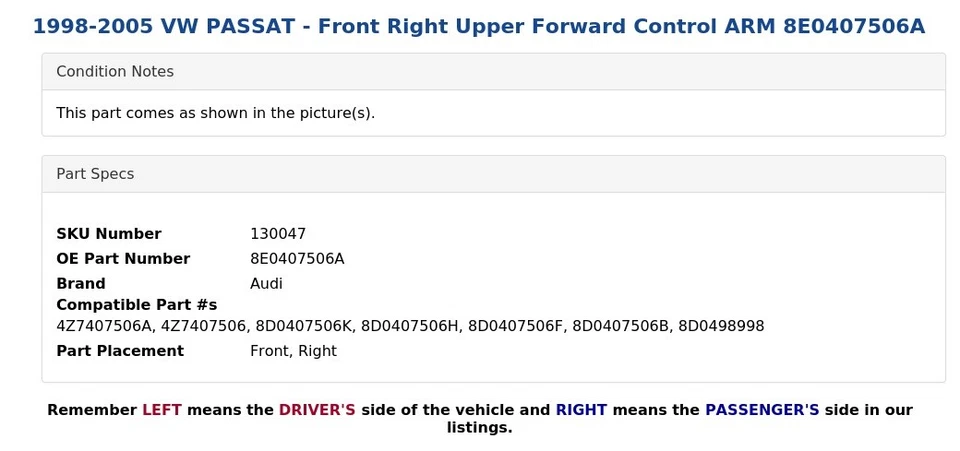 VW PASSAT 1998-2005 - BRAZO DE CONTROL DELANTERO SUPERIOR DELANTERO DERECHO 8E0407506A Foto 4 de 4