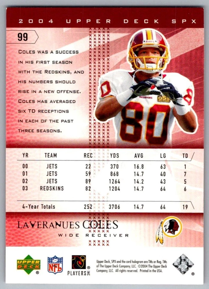2004 SPx Laveranues Coles Washington Redskins #99 - Image 2 of 2