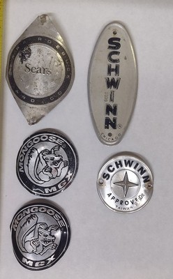 Vintage Bicycle Metal Badges, Mongoose, Schwinn, Sears. Used