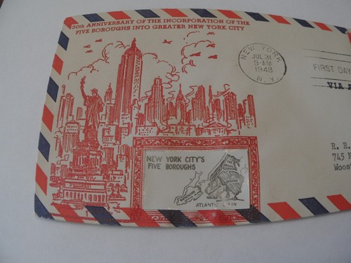 ST6 50th ANNIVERSARY NYC FIVE BOROUGHS 1948 stamp cover envelope air mail - Picture 2 of 4