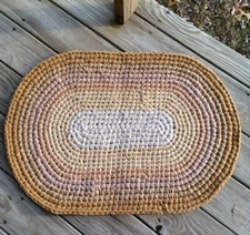 Handmade rag rug oval yellow tans washable crocheted 31" by 21" USA made