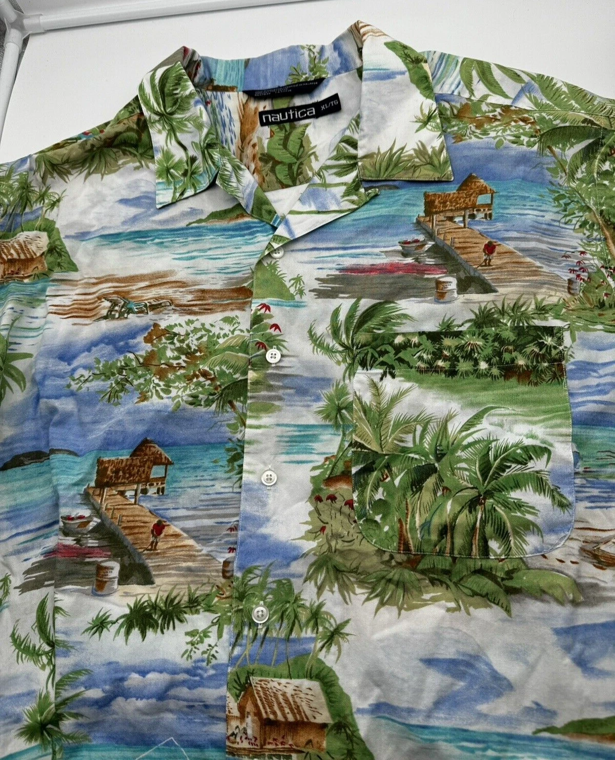 Nautica XL Short Sleeve Hawaiian Camp Shirt Vintage Boat Beach Palm Trees