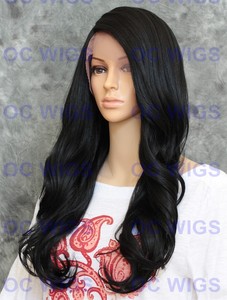 Jet Black Long Wavy C Part Lace Front Heat Ok Human Hair Blend Wig