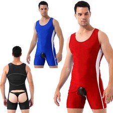 Men's Wrestling Singlet Bodysuit Crotchless Catsuit One-Piece Jumpsuit Unitards