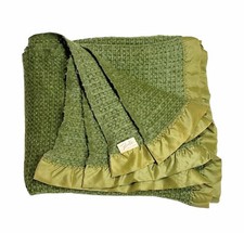 Faribo Wool Blanket Satin Trim Avocado Green Faribault Fluff Loomed MCM 75x82